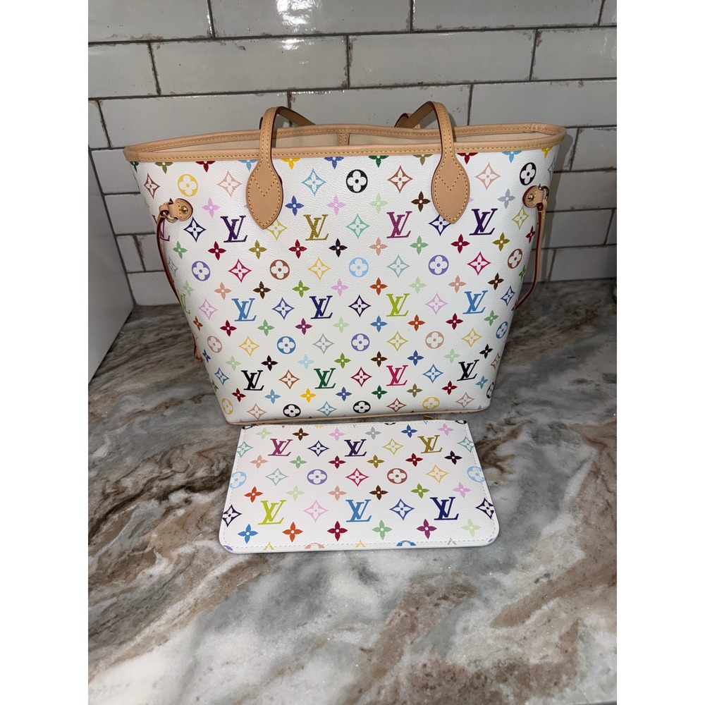 Louis Vuitton x Takashi Murakami White Multicolore Monogram Neverfull MM Tote Bg